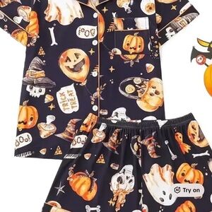 Halloween Pumpkin Print Short Sleeve Pajama Set - Black & Orange